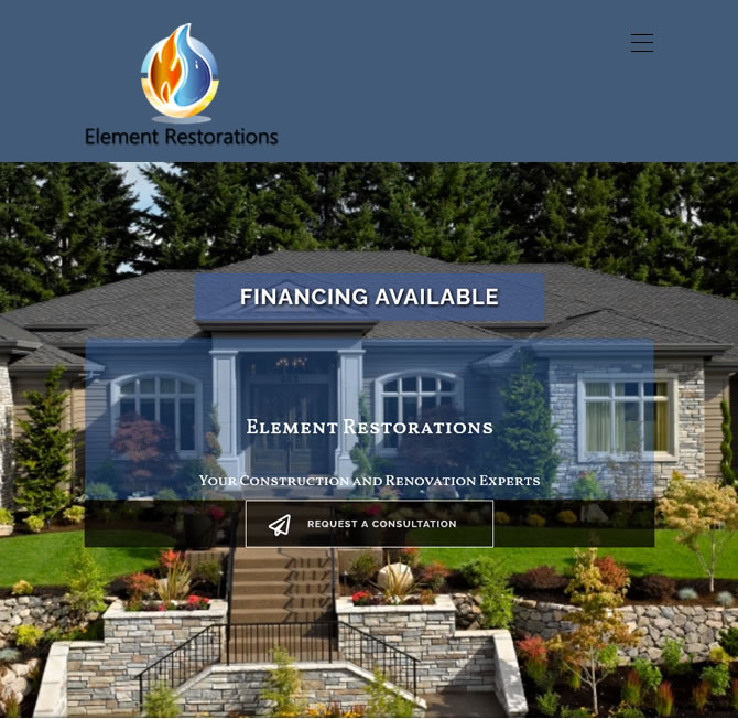 Element Restorations client testimonial, image featuring a home, financing options, and a 'Request Consultation' button.