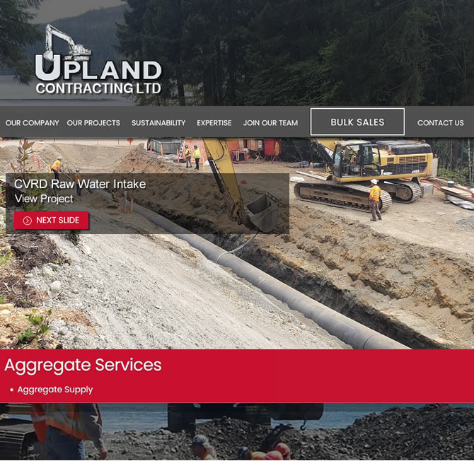 Upland Contracting Ltd Client testimonial image, featuring crews and machinery at CVRD Raw water intake project.