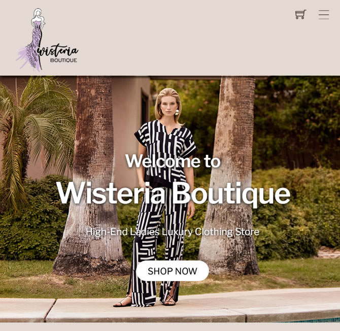 Wisteria Boutique client testimonial, image featuring a blonde model in a Joseph Ribkoff black & white striped ensemble.