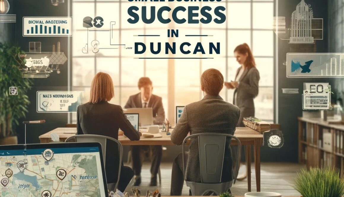 A digital marketing themed image titled 'Small Business Success in Duncan'.