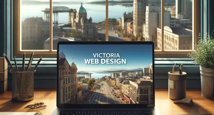 Simulation image featuring a laptop on a wooden desk with an open website displaying the text 'Victoria Web Design'