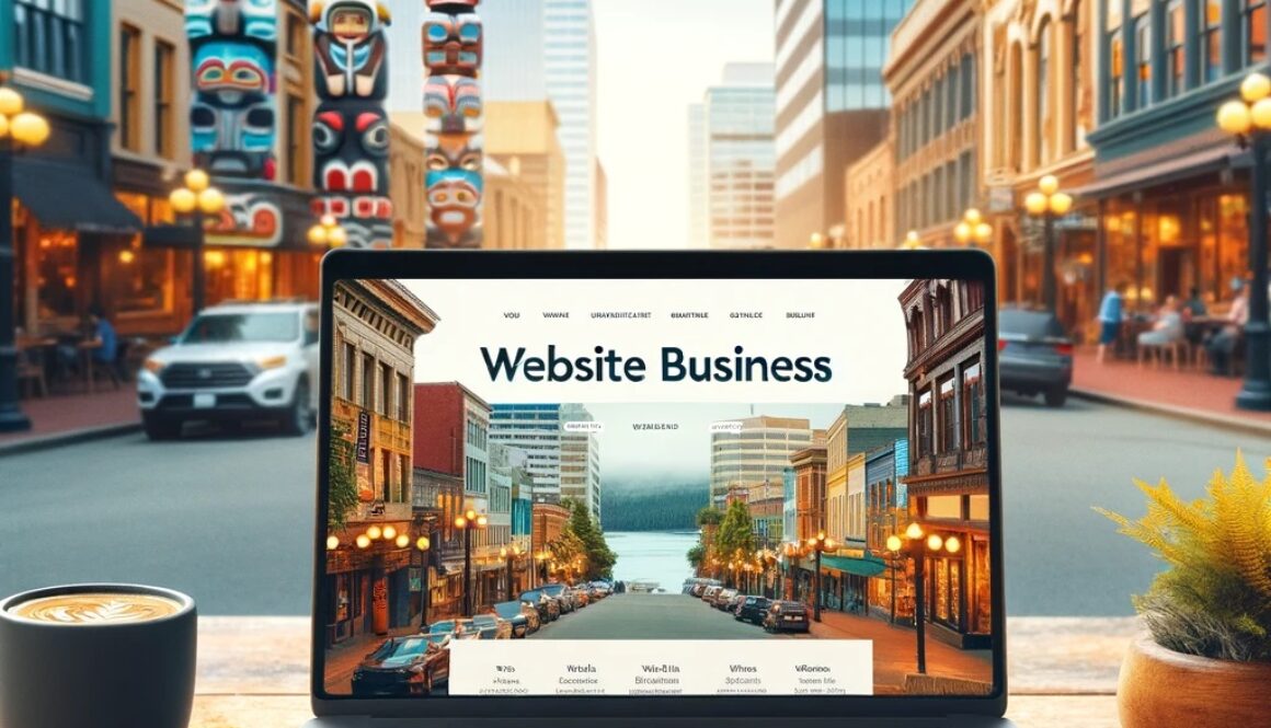 Simulation image featuring a laptop on a wooden table with a street view of downtown Duncan, British Columbia in the background.