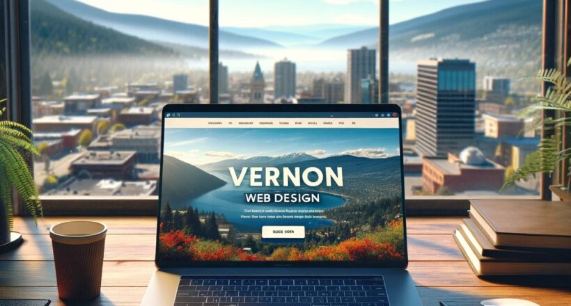 Simulation image that features a laptop on a wooden desk with an open website displaying the text 'Vernon Web Design'