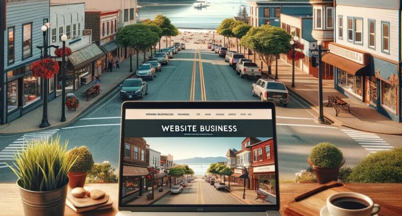 Simulation street view of downtown Parksville, British Columbia in the background. The laptop screen