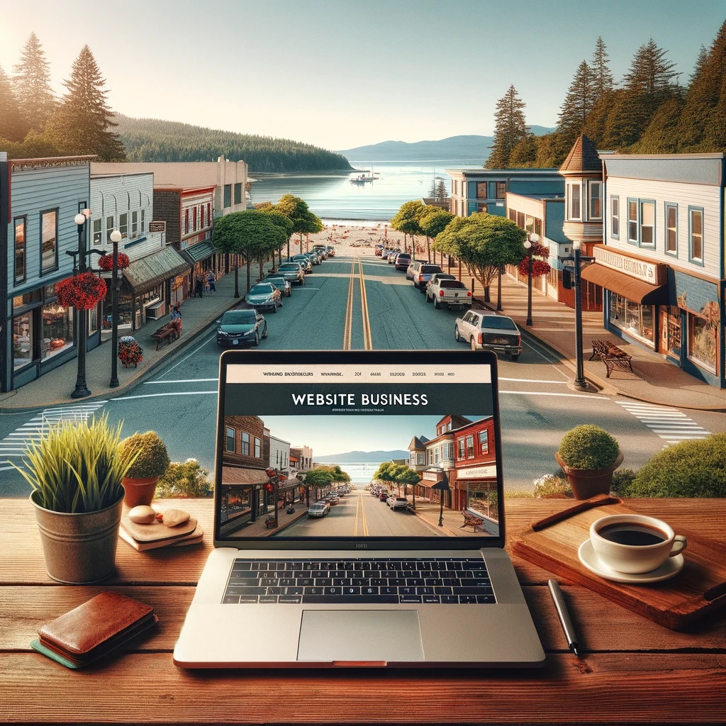 A vibrant cityscape of Parksville, British Columbia, showcasing a fusion of nature and urban life