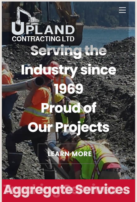 Upland Contracting website showcasing Vancouver Island road building and aggregate services.